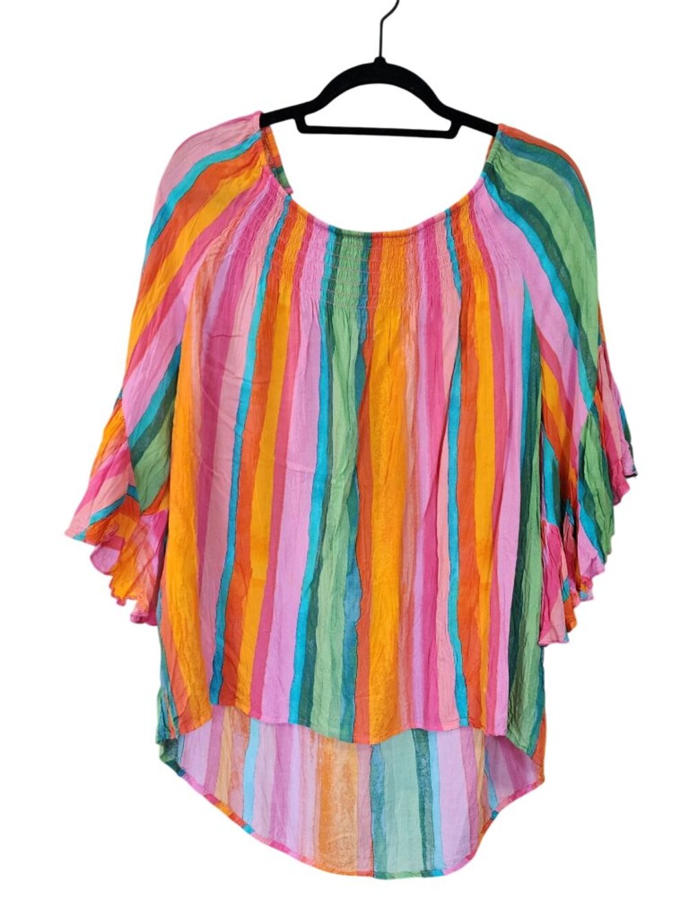 Cato Blouse Striped High Low Hem 3/4 Flare Sleeve Smocked Neckline Womens Size L
